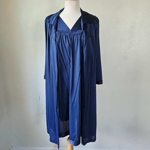Vanity Fair Vintage 70s Navy Blue Nylon 2 Piece Nightgown Robe Peignoir Set L - Picture 1 of 12